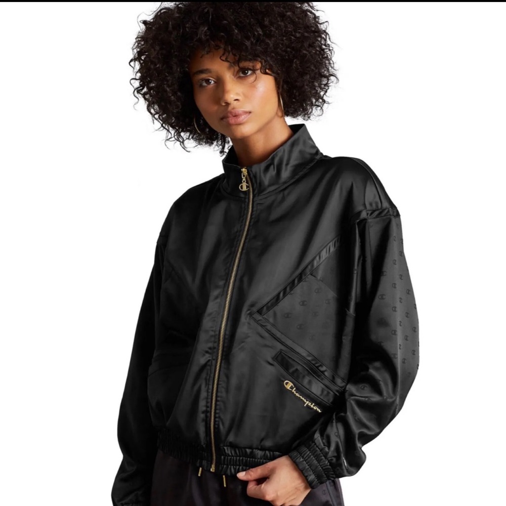 Champion Satin Womens Lurex Bomber Logo Retro Jacket Black/Gold Size M